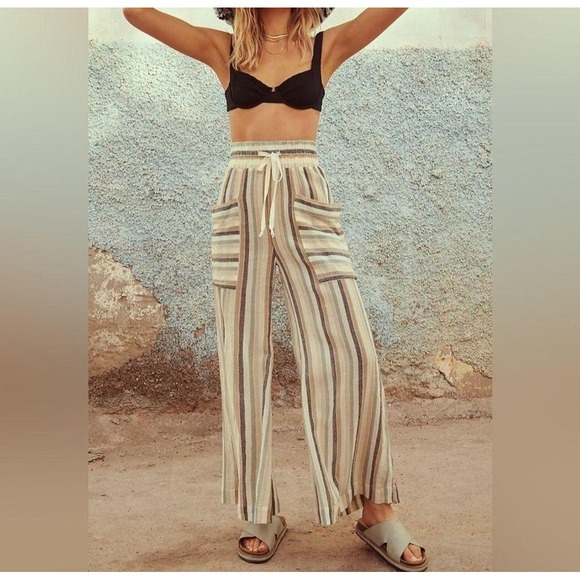 Free People Pants - Free People Jones Beach Womens Striped Wide Leg Cotton Pants Green Cream Small